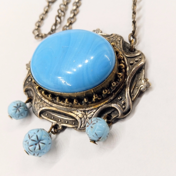 Vintage Blue Cabachon Choker Necklace Unique Victorian Style - Picture 2 of 8